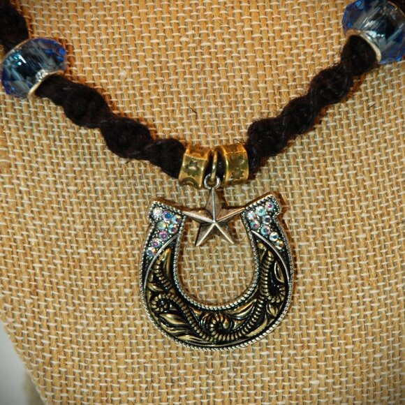 Gold-Toned Antiqued Rhinestone Horseshoe on a Handmade Black 20 1/4" Hemp Chain - Picture 4 of 6
